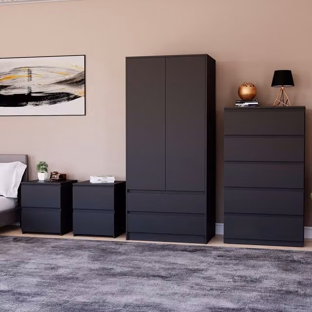 Vida Designs Denver 4 Piece Bedroom Set in Black Matt Finish including 2 Bedside Tables, 5 Drawer Chest and Wardrobe