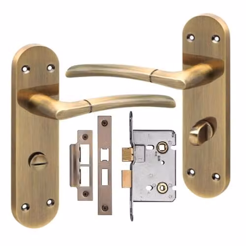 Golden Grace Indiana Victorian Long Backplate Bathroom Handle Set in Antique Brass and Bronze