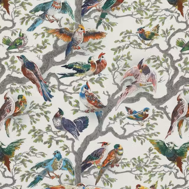 HOUSE Llewelyn-Bowen Birdity Absurdity Printed Cotton Fabric in Multicolour and White