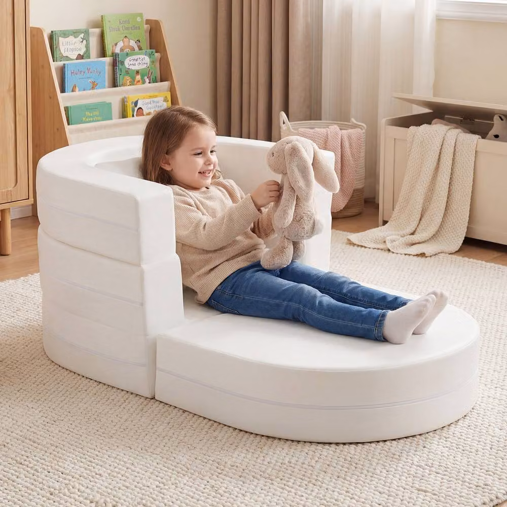 Gymax 3-in-1 Convertible Toddler Sofa Bed with Pillow in White Crystal Velvet – 2