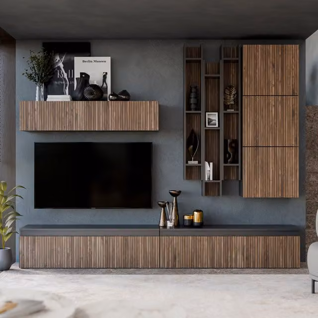 Decorotika Sintra Modern Wall Mounted Entertainment Center in Black and Brown with Geometric Alina Pattern
