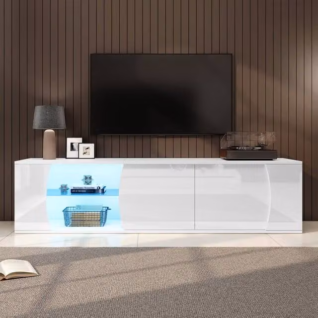 Rolipo Modern White High Gloss LED TV Unit Stand with Integrated Lighting for up to 80 Inch TVs, Width: 180 cm