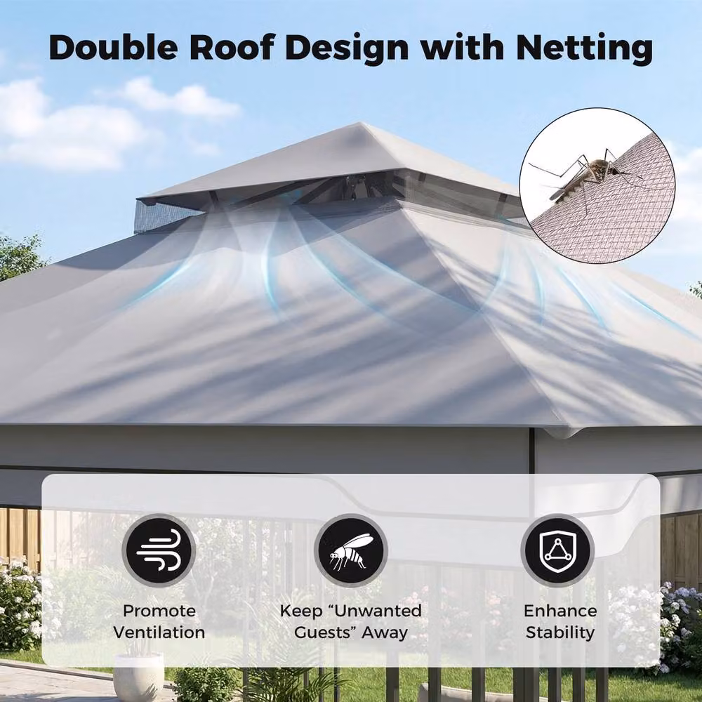 Costway Double Roof Soft Top Patio Gazebo with Zippered Mesh Netting, Grey, W: 330 cm, D: 330 cm, H: 280 cm – 6