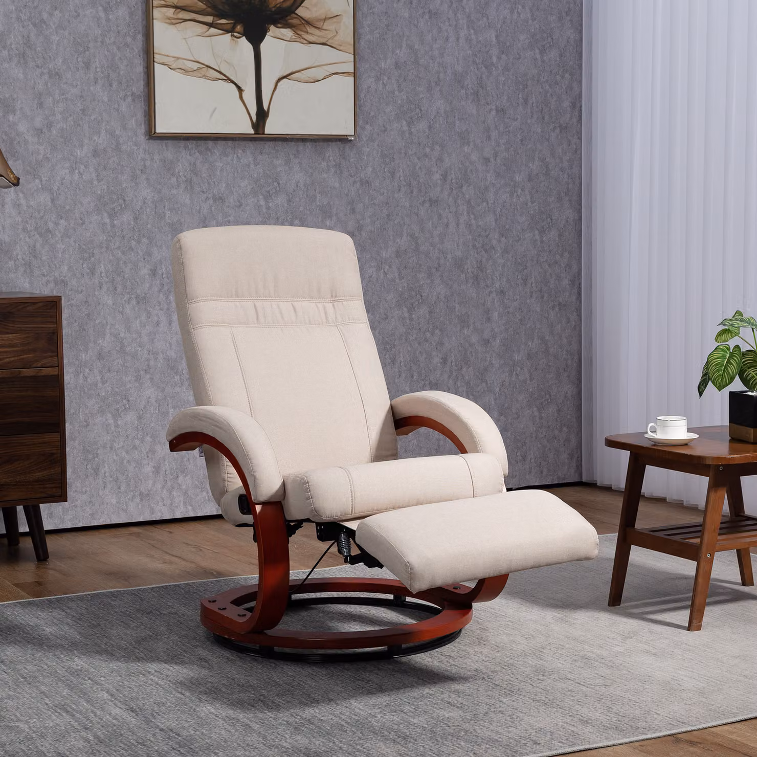 HOMCOM Beige Swivel Recliner Chair with Extended Footrest and Wood Base – 2