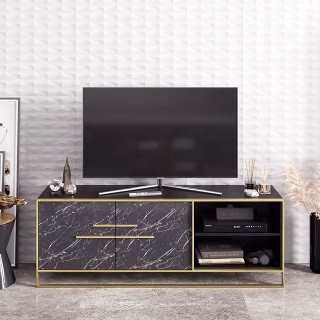 Decorotika Polka TV Unit in Black Marble Effect and Gold