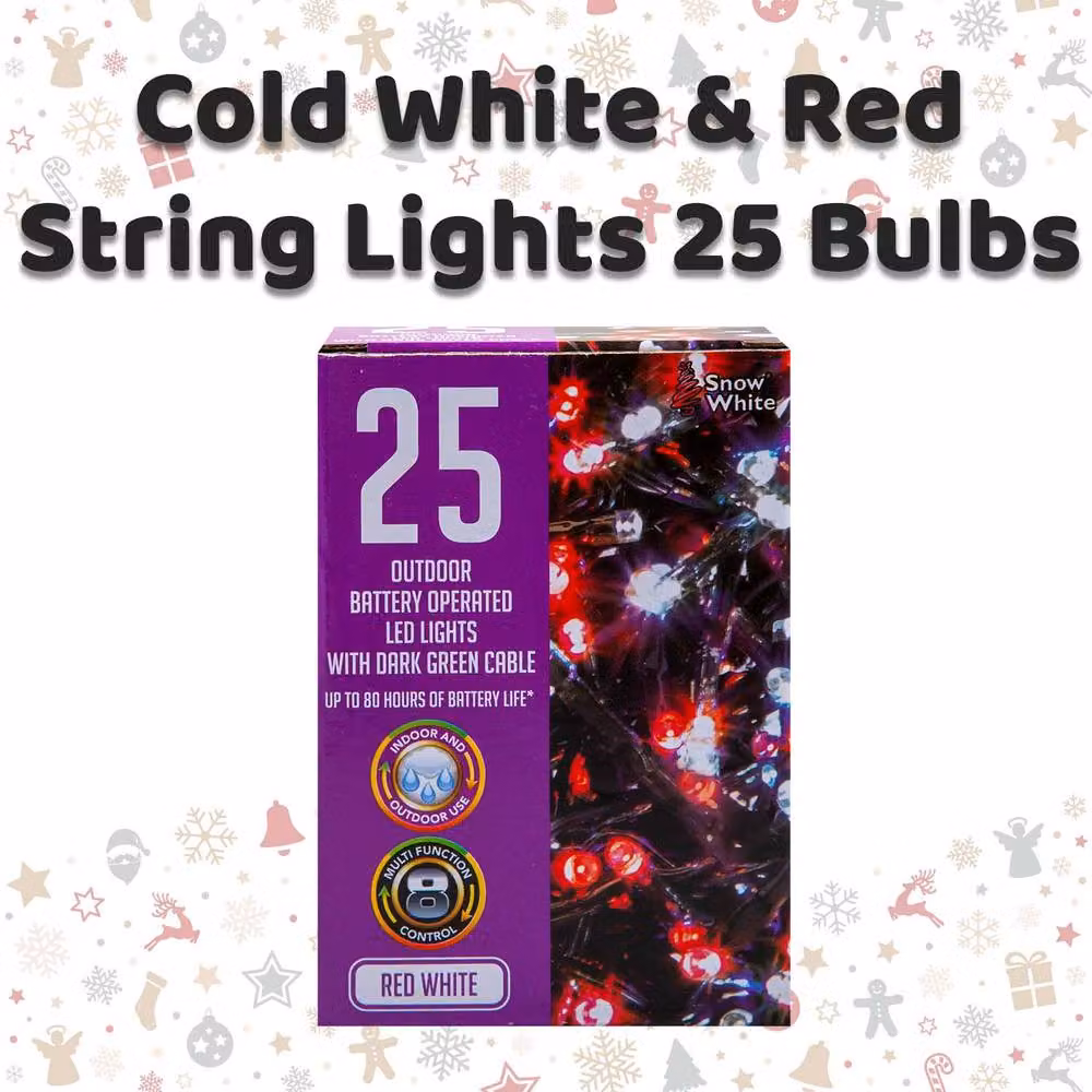 VFM e-Store Christmas String Lights with 25 Multicolour Bulbs in White and Red – 2