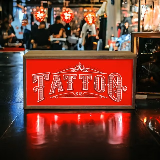 Echo Three Vintage LED Tattoo Parlour Light Box Sign, Brown Wood, W/D/H: 30 x 15 x 7 cm