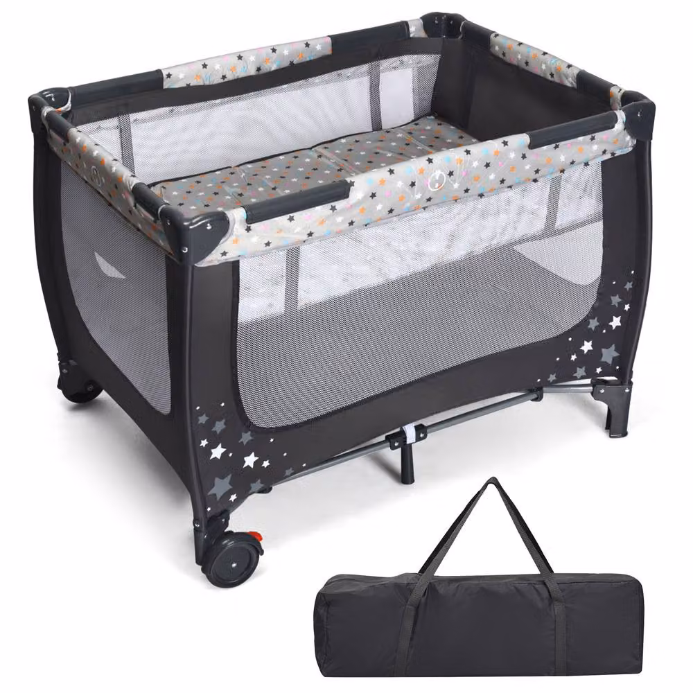 Costway 2-in-1 Foldable Baby Playpen and Bassinet Bed Activity Centre with Mattress in Grey and Multicolour – 3