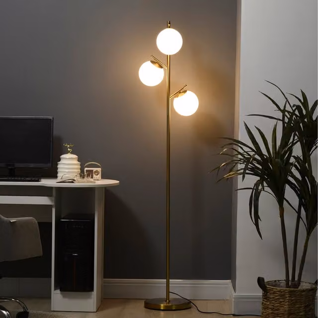 HOMCOM Modern 3-Light Tree Floor Lamp with Gold Tone Metal Base and Transparent Glass Spheres