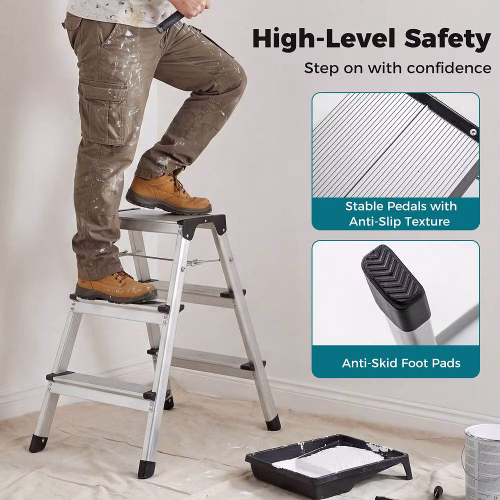 Costway Dual-Sided 3 Step Aluminium Folding Ladder in Silver – 6