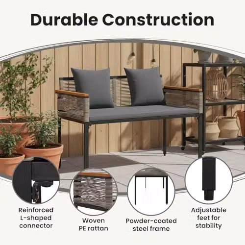 vidaXL 2-Seater Outdoor Poly Rattan Bench with Armrests in Grey, W: 117 cm, D: 54 cm, H: 74.5 cm – 5