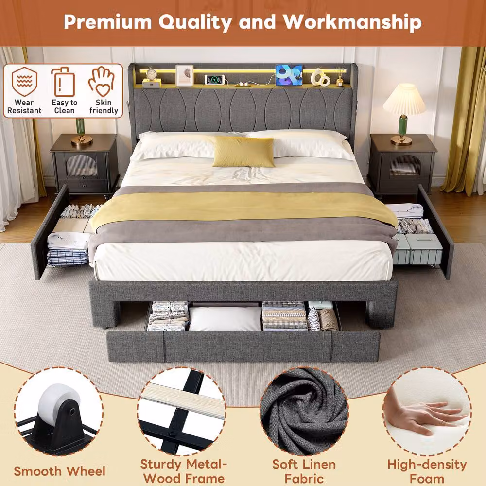 ModernLuxe Upholstered Double Bed in Grey with 3 Drawers and LED Storage Headboard with USB Charging Port, W/D/H: 140 x 200 x 106 cm – 5