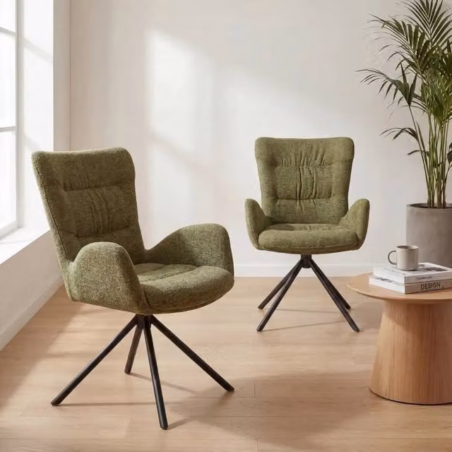 SONARA Set of 2 Green Chenille Swivel Accent Chairs with Mid-Century Tub Design