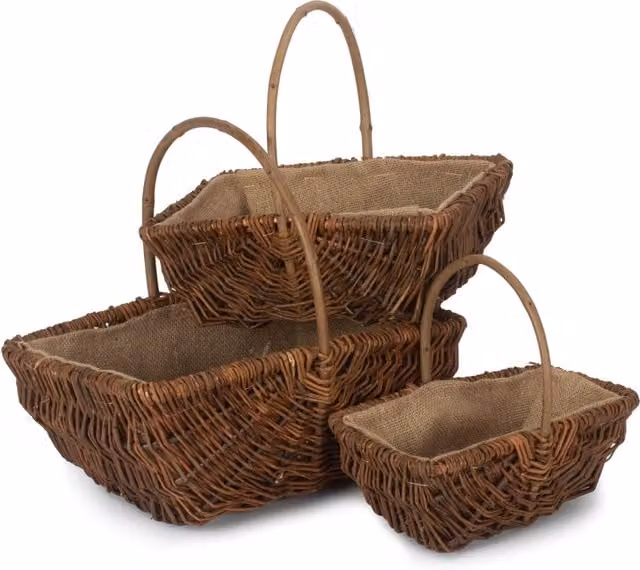 Red Hamper Set of 3 Rectangular Unpeeled Willow Garden Trugs with Hessian Lining in Brown and Red