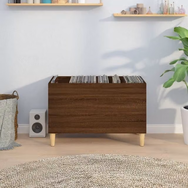 Berkfield Home Mid-Century Record Cabinet in Brown Oak, W/D/H: 74.5 x 38 x 48 cm – 1