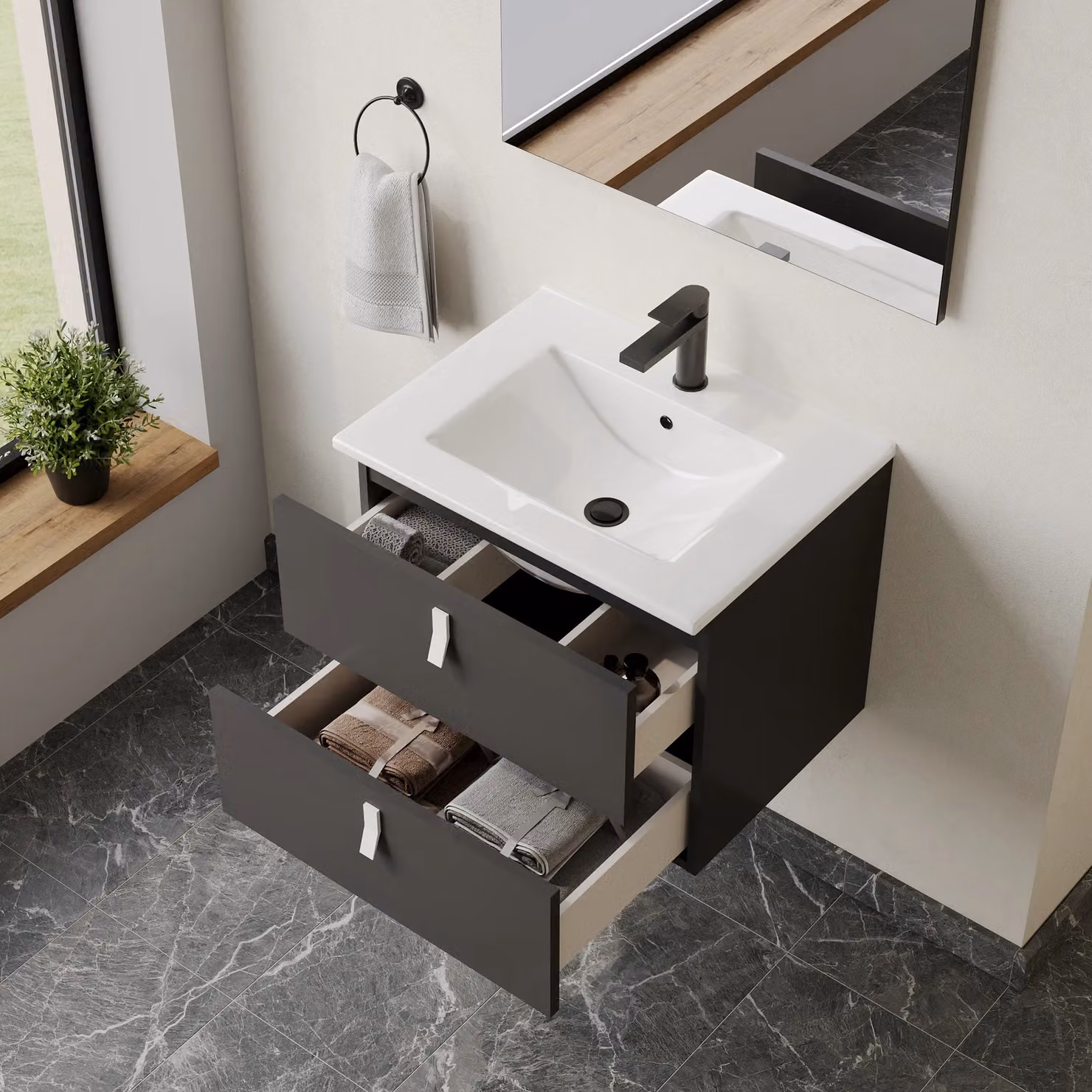 Banyetti Invicta 600mm Wall Hung Vanity with Lira Basin in Matt Black – 2