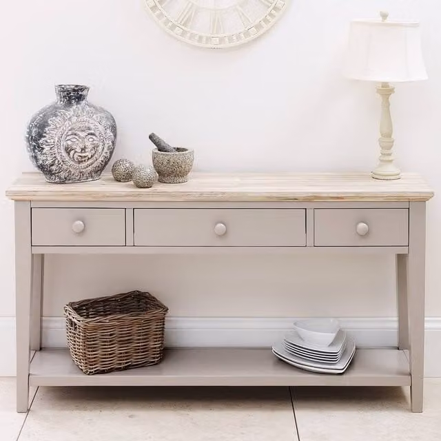 Statement Furniture Florence Large Console Table with 3 Drawers in Beige, W/D/H: 143 x 32.5 x 76 cm