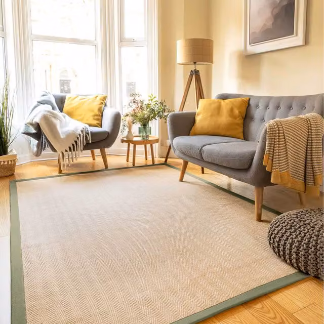 The Rug House Woven Jute and Cotton Herringbone Area Rug in Green, Brown and Beige, W: 150 cm, D: 80 cm