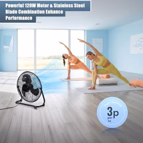 PureMate Chrome Gym Floor Fan in Black and Silver with 3 Speeds and Adjustable Head – 2