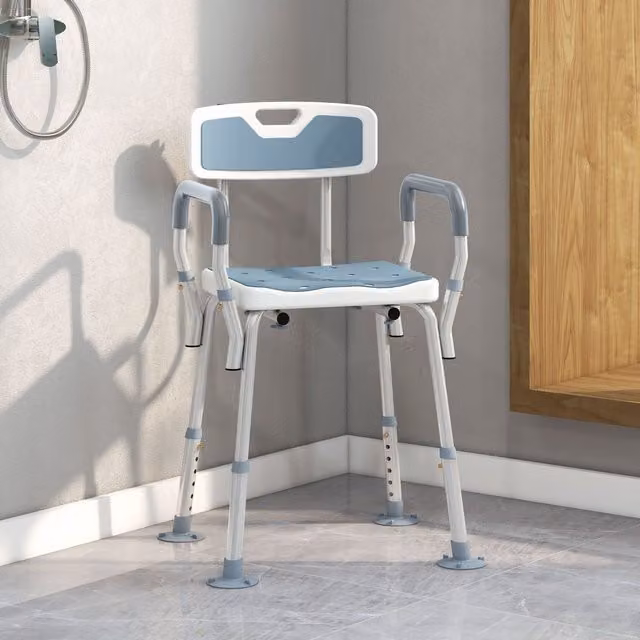 HOMCOM EVA Padded Shower Stool with Arms and 4 Suction Foot Pads, Light Blue – 1