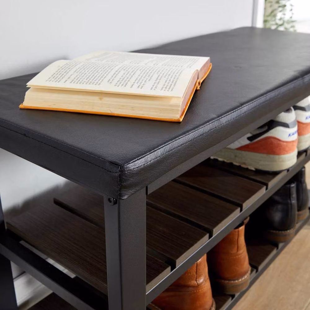 FORGEVIO Industrial Black Metal and Wood Shoe Bench with Synthetic Leather Seat and Two Storage Shelves – 4