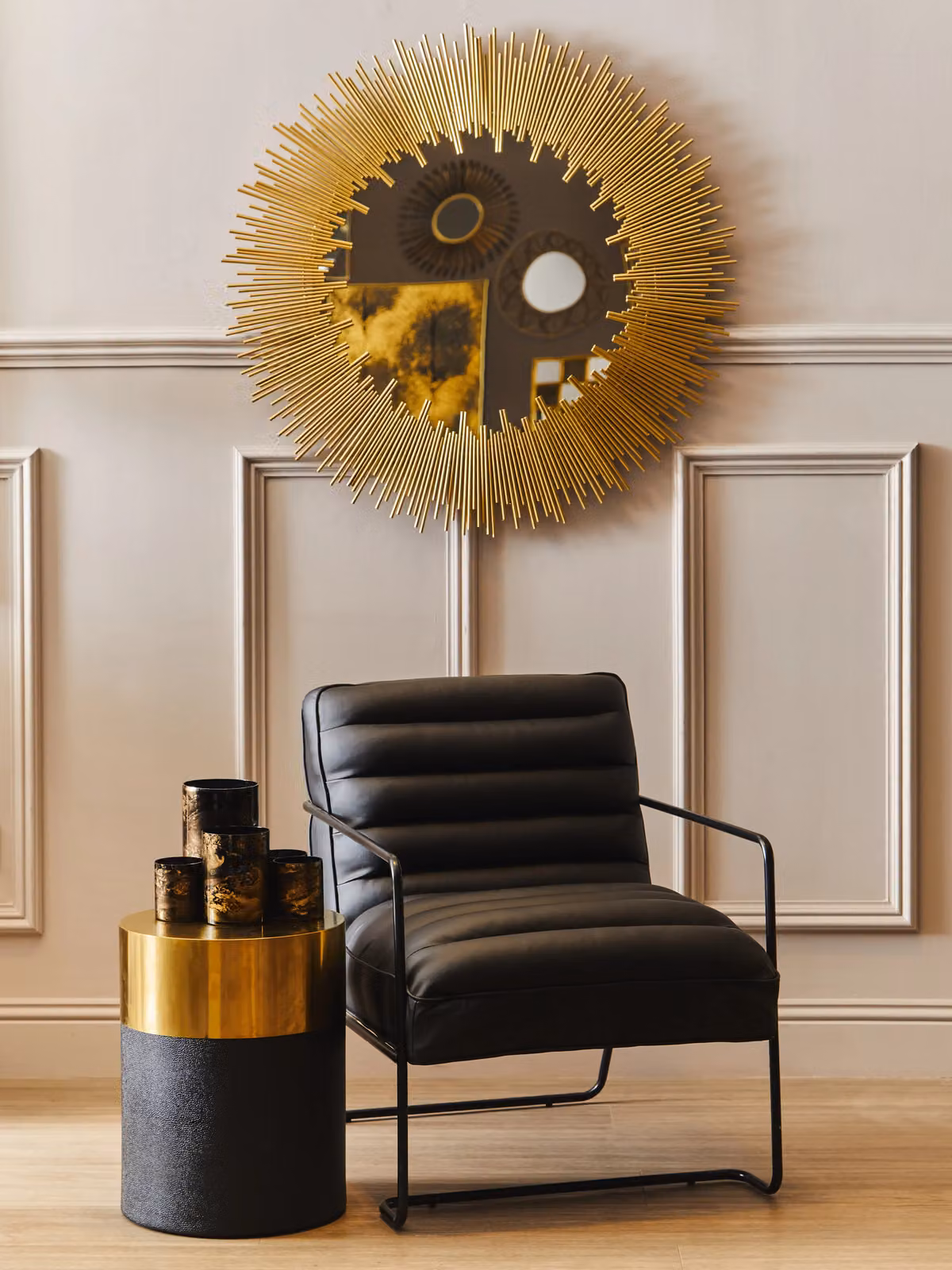 Fifty Five South Orsina Round Shagreen Effect Stool in Black and Gold – 2