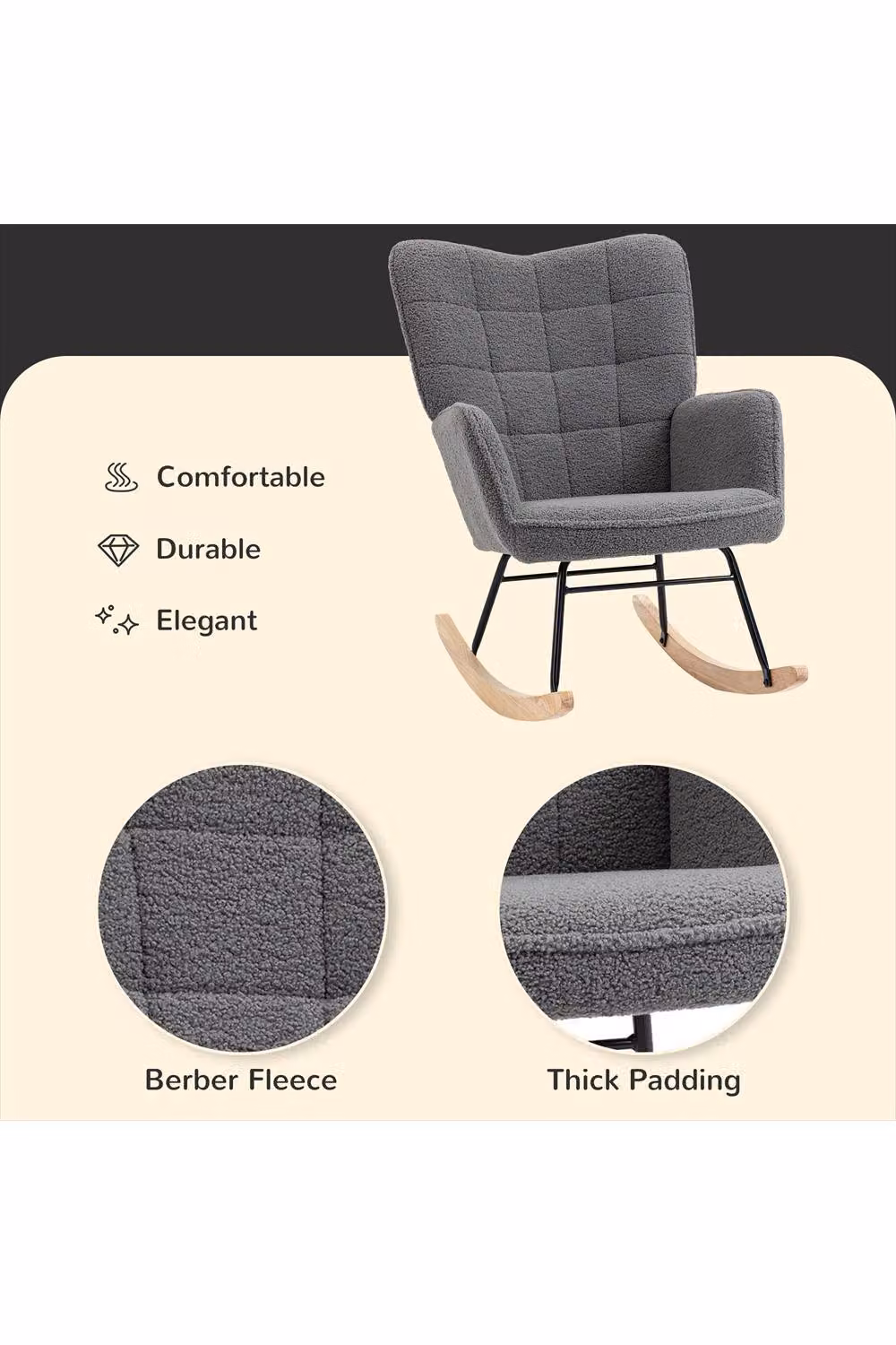 ERGOVEXA Berber Fleece Nursery Glider Rocker in Dark Grey with Solid Wood Frame and Armrests, W/D/H: 71 x 101 x 98 cm – 2