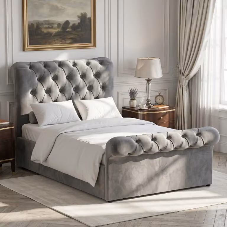 DHS Chesterfield Ottoman Storage Bed Frame with Side Lift Base, Small Double (4ft), Dark Grey