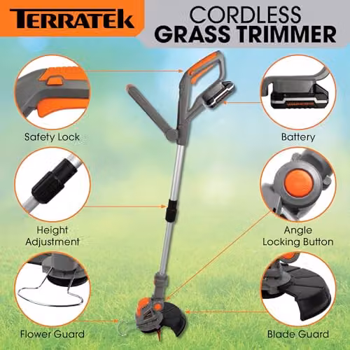 Terratek 20V Cordless Telescopic Strimmer in Orange and Grey with Blade, 2x Rechargeable Batteries and Quick Charger – 6