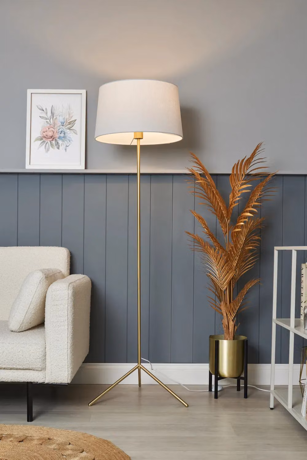 BHS Lighting Stassy Modern Tripod Floor Lamp with Grey Fabric Shade and Gold Metal Base, H 160 cm x W 45 cm x D 45 cm – 2