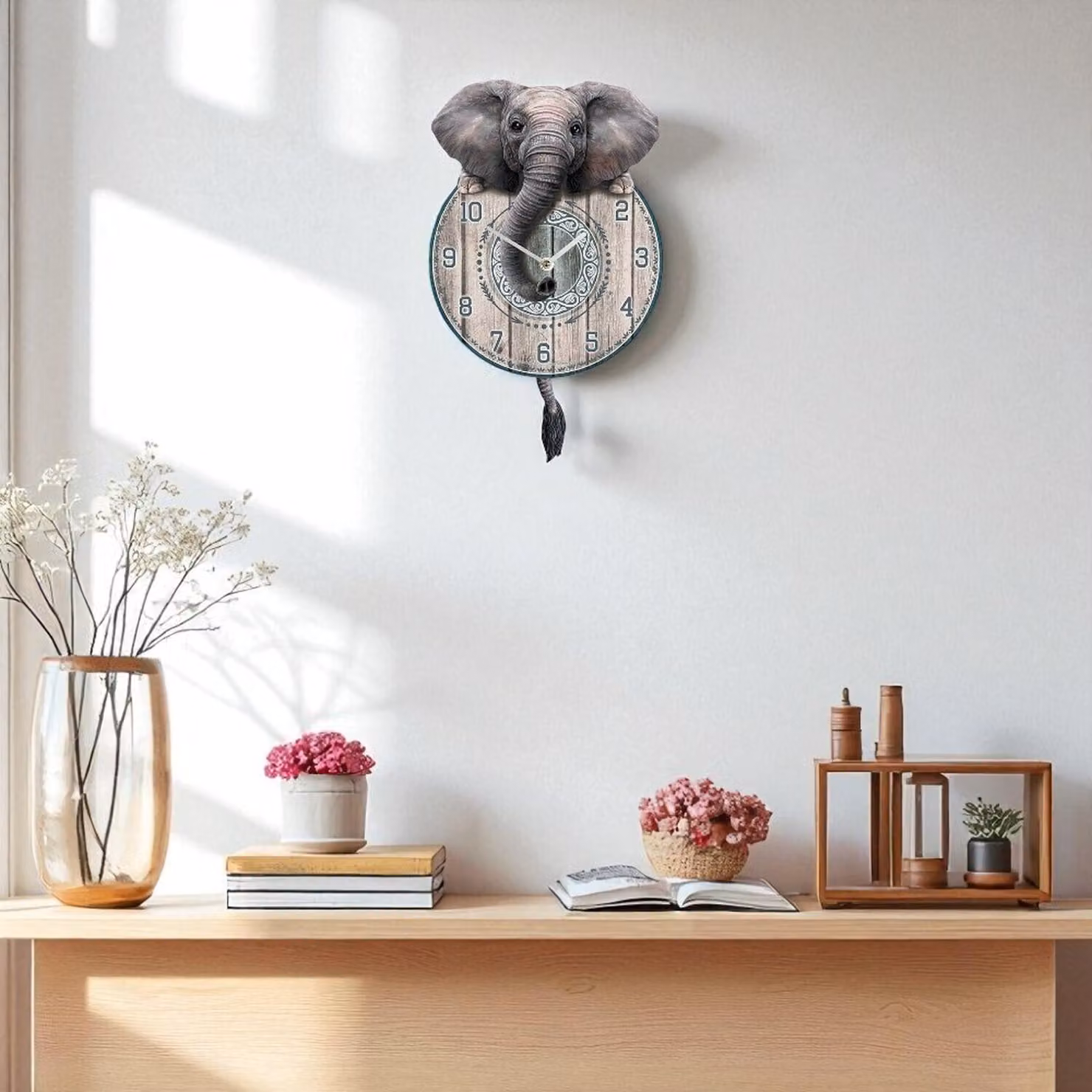 Nemesis Now Trunkin' Tickin' Elephant Pendulum Wall Clock in Petrol, Grey and Multicolour, Height: 32 cm – 2