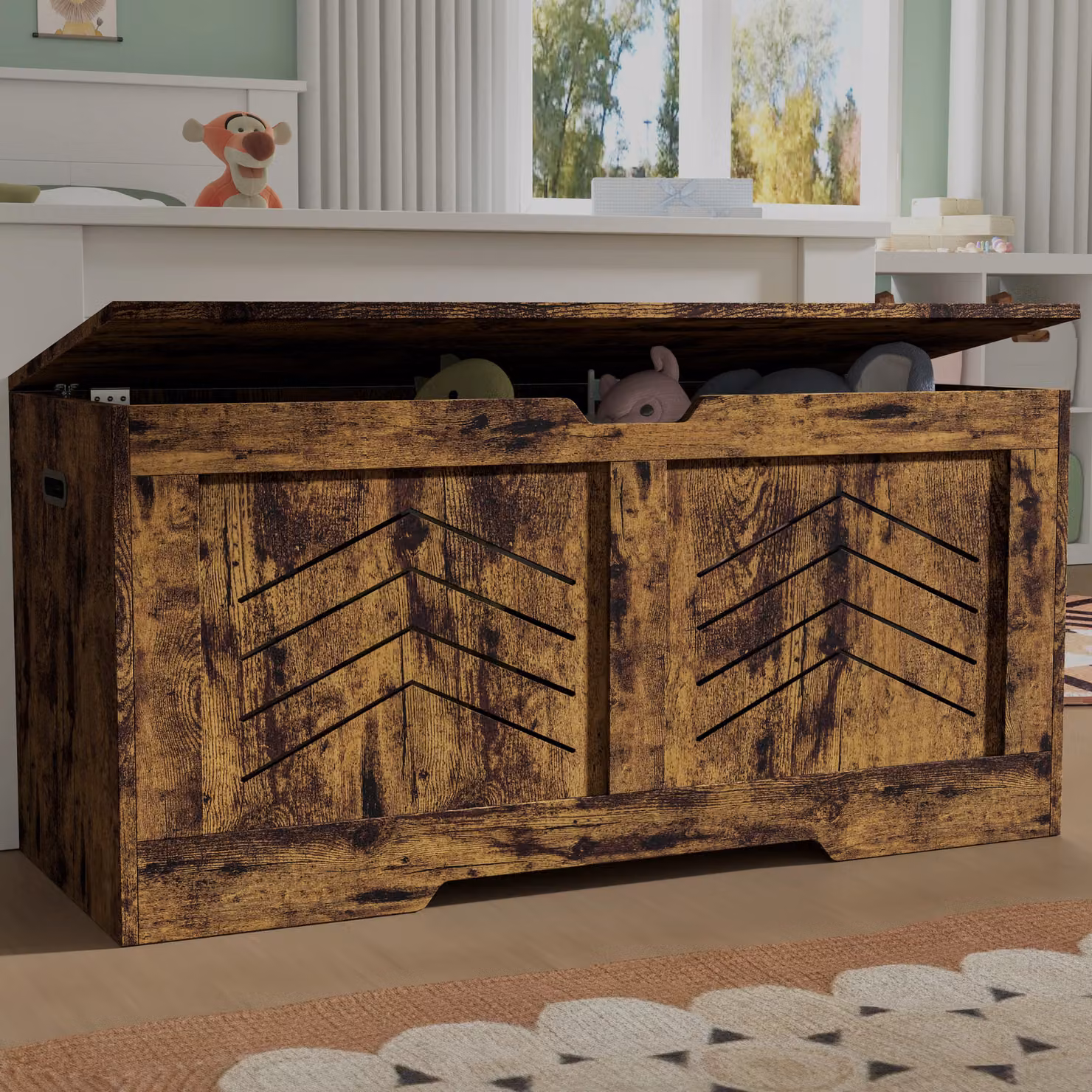 DHS Large Toy Box and Storage Chest with Soft Close Lid in White, Grey and Brown, W/D/H: 100 x 40 x 48 cm