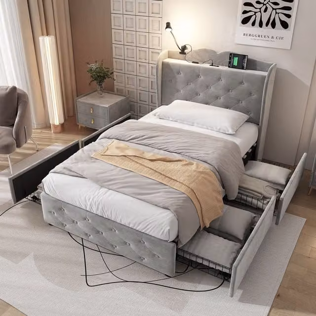 Matteo Grey Velvet Upholstered Double Storage Bed with 4 Drawers, Integrated Reading Light and USB Charging Port – 1