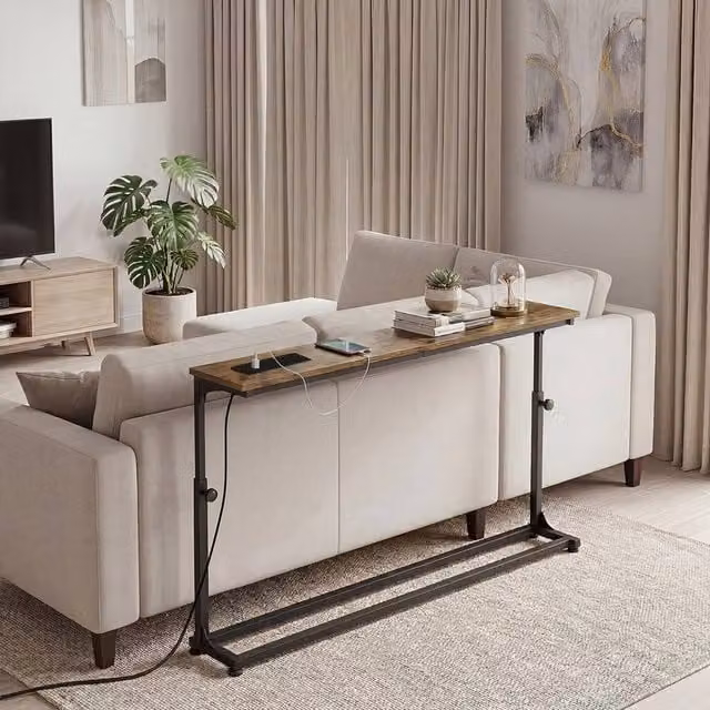 Levede Adjustable Height Slim Console Table with Power Outlet in Brown and Black – 1