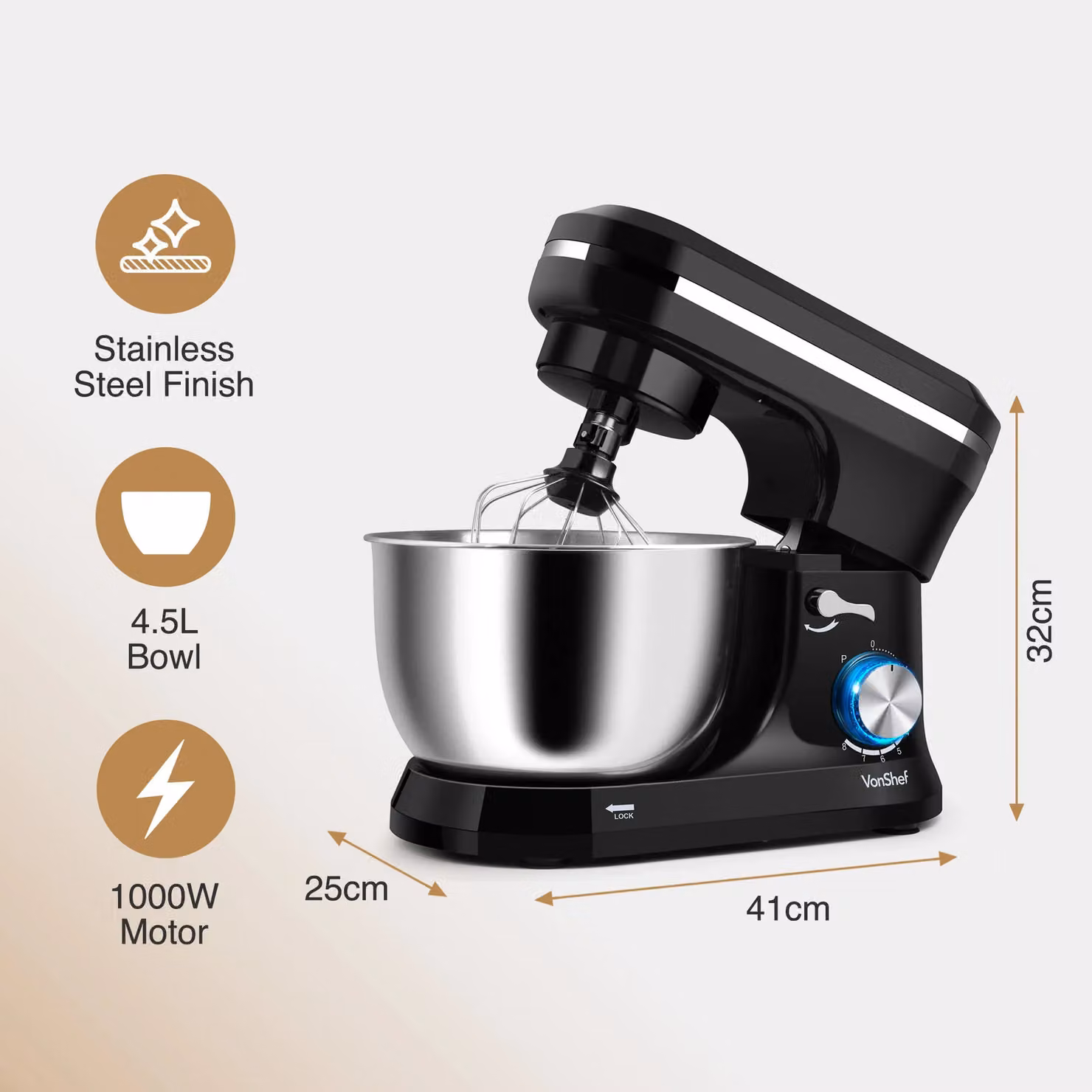 VonShef 1000W Black Electric Food Stand Mixer with 4.5L Bowl and 3 Attachments – 4