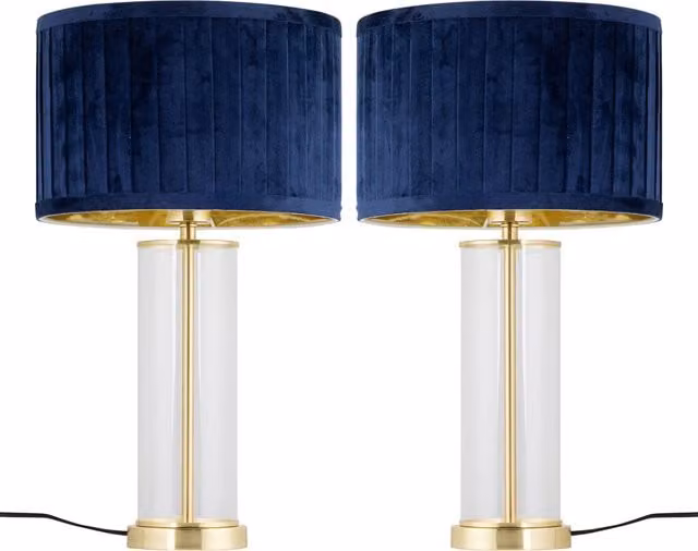 First Choice Lighting Set of 2 Aura Table Lamps with Navy Blue Pleated Velvet Shades in Satin Brass and Blue