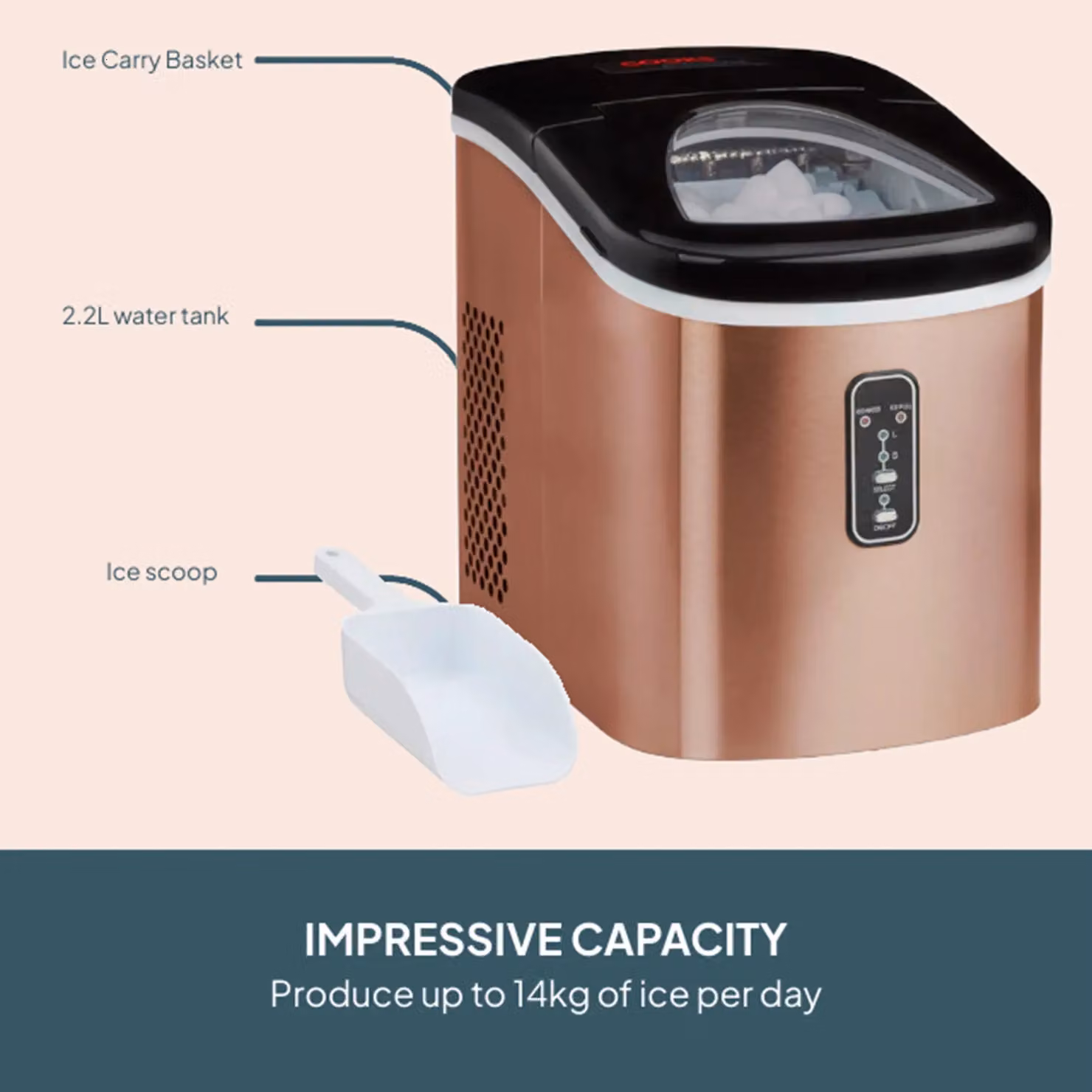 Cooks Professional Ice Maker Machine with Scoop and 2.2L Tank, 14kg Daily Capacity, Copper – 5