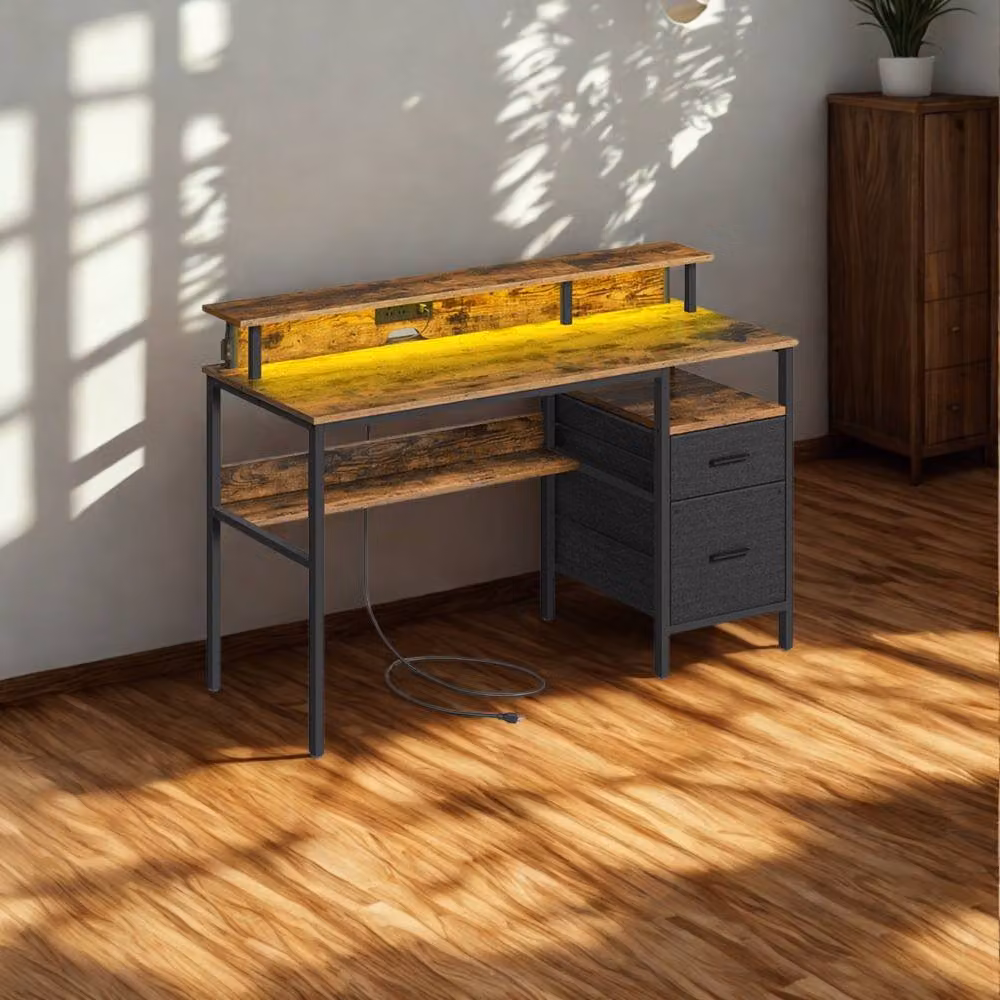 Pirlo Plush Industrial Computer Desk with USB Outlets and LED Lights, Brown, W: 135 cm, D: 50 cm – 2