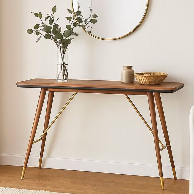 Orsina Walnut Wood Console Table with Leather Trim and Gold Brass Accents