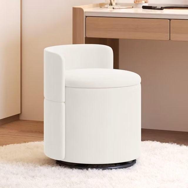 Yaheetech White Velvet Storage Vanity Stool with 360 Degree Swivel and Backrest