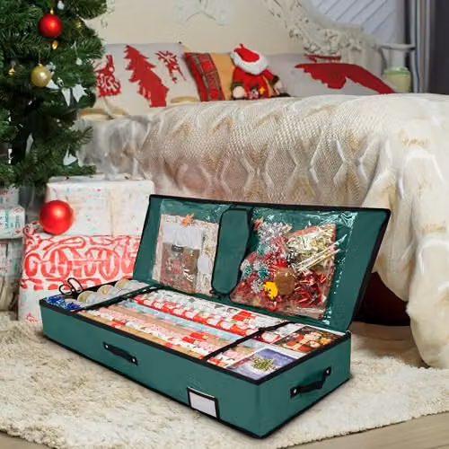 Pelle & Sol Christmas Wrapping Paper Storage Bag in Green, Fits 24 Rolls, Foldable Fabric Organizer with Handles – 6