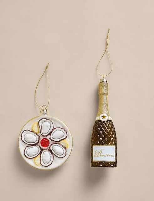 M&S 2 Pack Multicolour Glitter Glass Oyster and Champagne Hanging Christmas Decorations