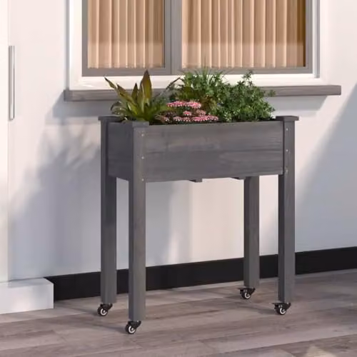 vidaXL Wheeled Planter with Liner in Grey Solid Wood, W: 71 cm, D: 37 cm, H: 80 cm – 2