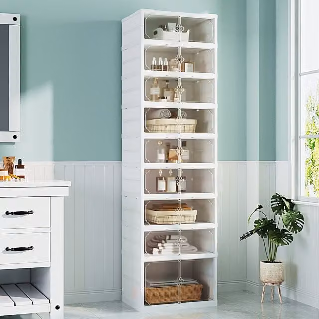 Livingandhome 9-Tier Foldable White Shoe Cabinet with Glass Doors and Open Shelves