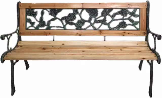 Samuel Alexander 2-Seater Vintage Wooden and Cast Iron Bench with Floral Rose Back Panel in Brown