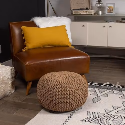 Home Sweet Home UK Snug City Handmade Chunky Knitted Round Cotton Pouffe Ottoman in Tan, W/D/H: 50 x 50 x 30 cm – 5