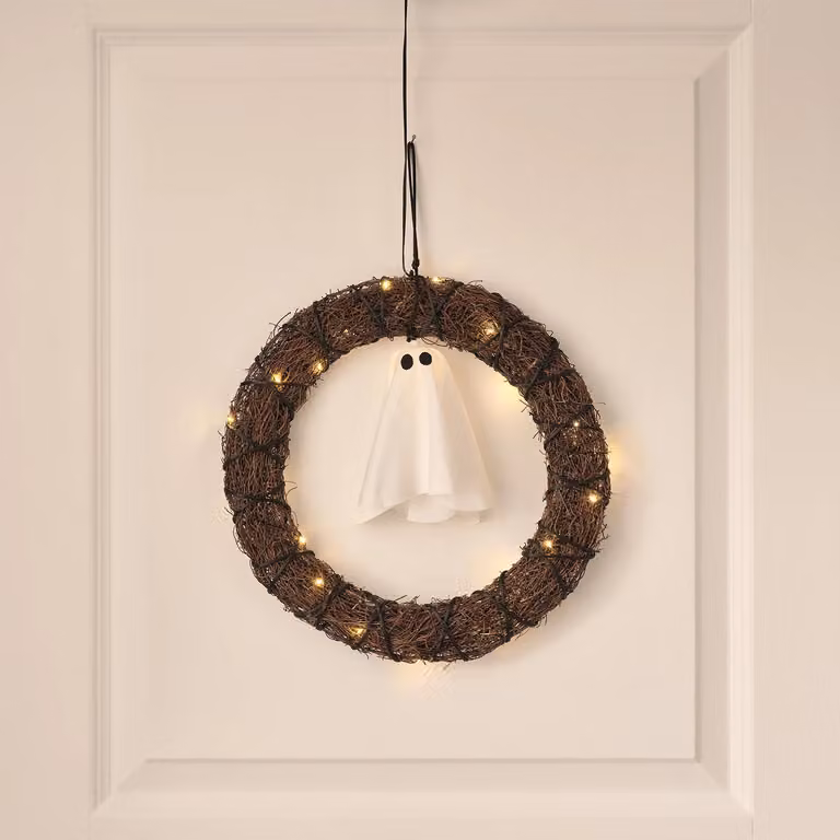 Lights4fun Black and Brown Hanging Ghost Wreath with LED Lights for Outdoor Halloween Decoration, 30 cm