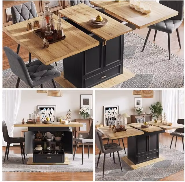 Rolipo Extendable Rectangular Dining Table in Black with Storage for 6 Adults – 1