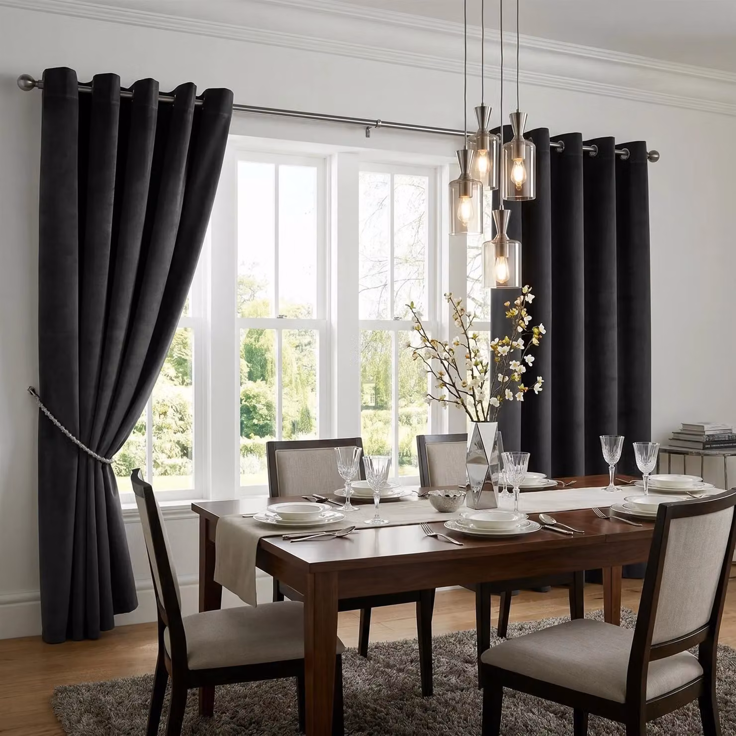 Luxury Living Velvet Thermal Blackout Eyelet Curtains, Pair, Black, Width: 168 cm, Drop: 137 cm – 3