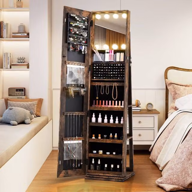 Costway 360 Swivel Freestanding Jewelry Cabinet and Storage Organiser in Brown with LED Lighting and Mirror